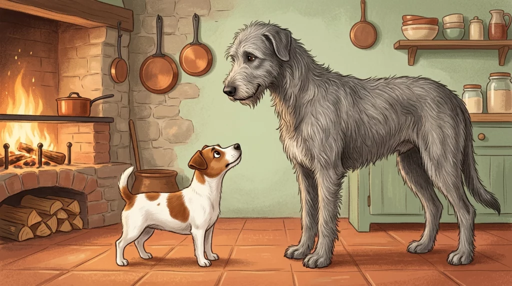 A charming storybook illustration showing the contrast between a tiny Jack Russell Terrier and a giant Irish Wolfhound in a cozy kitchen.