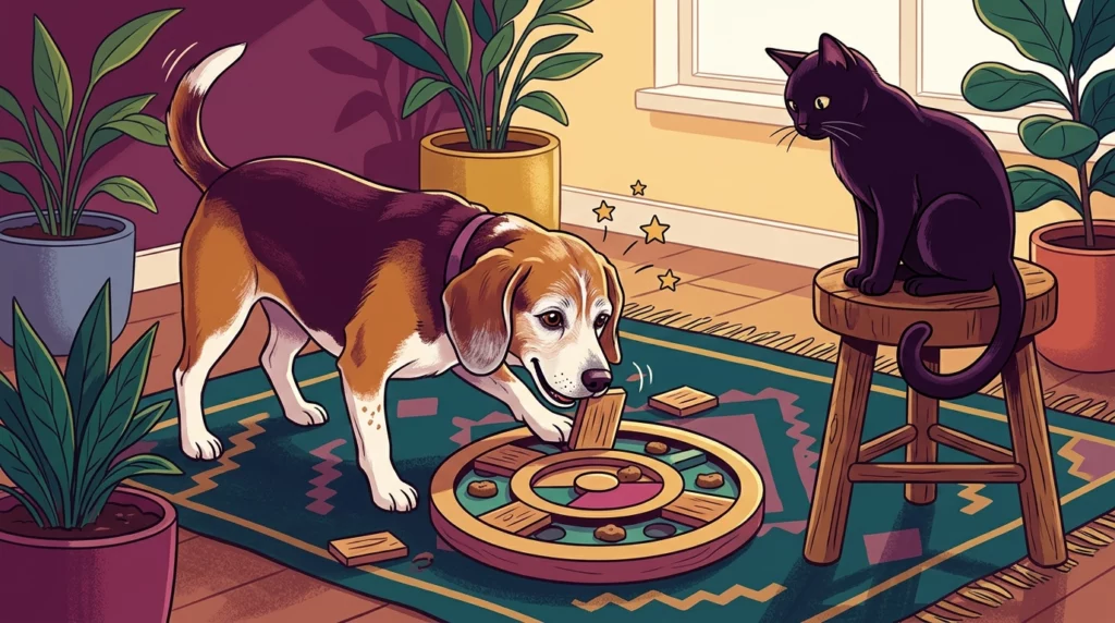 A playful illustration of an elderly beagle solving a colorful wooden puzzle toy to find treats.