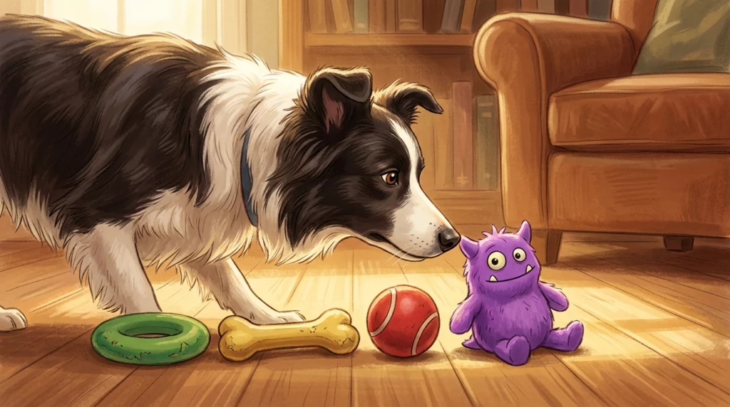 A warm storybook-style illustration showing a dog pointing its snout at a new, unfamiliar toy among a row of familiar ones.