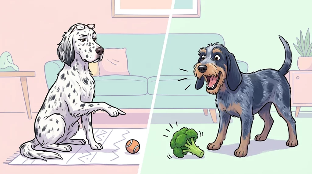A playful illustration of Niki the English Setter trying to teach a lesson while Blu the Griffon excitedly barks at a piece of broccoli.