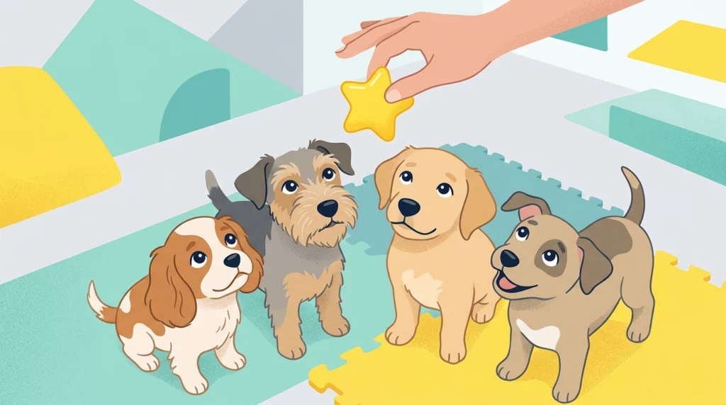 A playful illustration of eager puppies of various breeds looking up attentively during a positive training session.