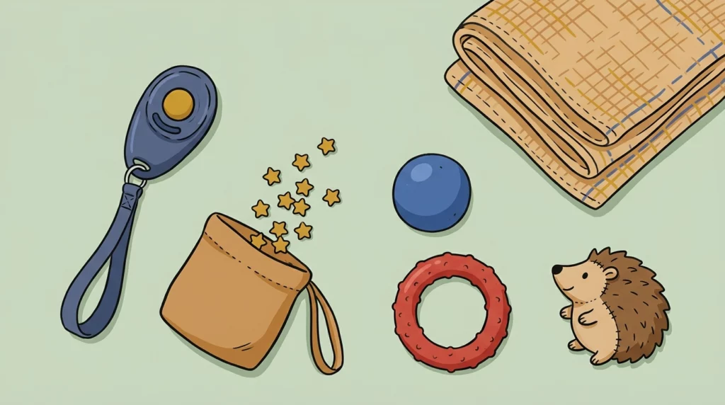 A flat-lay illustration of dog training tools including a clicker, a treat pouch, three distinct toys, and a training mat.