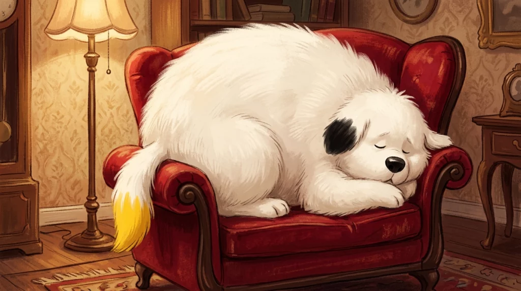 A warm storybook illustration of a giant, round, fluffy white dog with a yellow tail sleeping on a red velvet armchair.