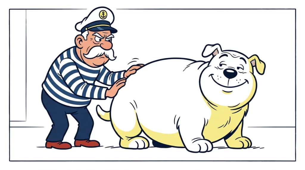 A playful illustration of a sea captain in a striped shirt trying to move a very stubborn, giant white dog.