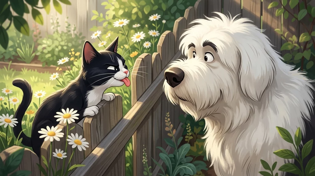 A playful illustration of a sleek black-and-white cat and a fluffy white dog making silly faces at each other over a fence.