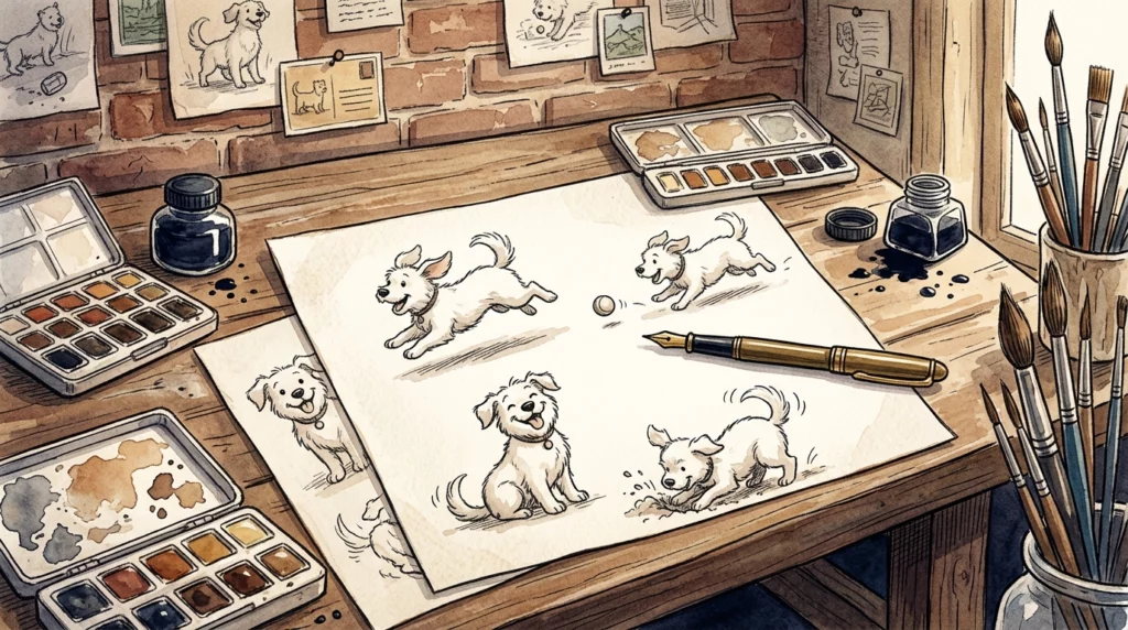 A storybook-style illustration of an artist's vintage drawing desk filled with watercolor paints and sketches of a round cartoon dog.