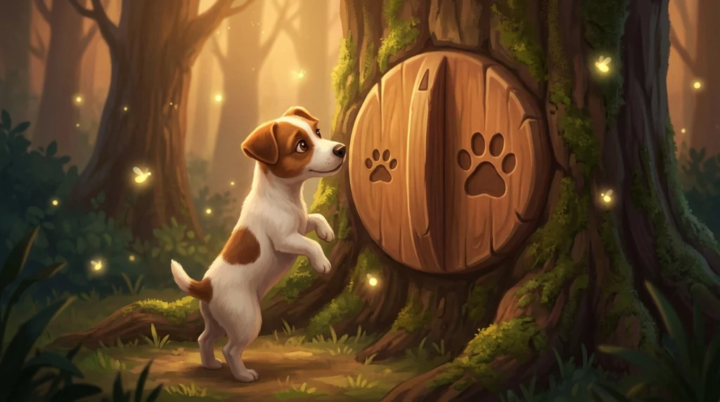 A storybook illustration of a small dog inspecting a giant wooden volume dial carved into a mossy tree.
