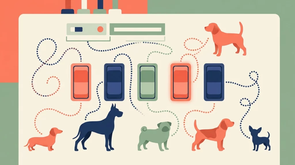 A playful diagram showing five simple switches connected by dotted lines to different dog shapes, representing genetic control.