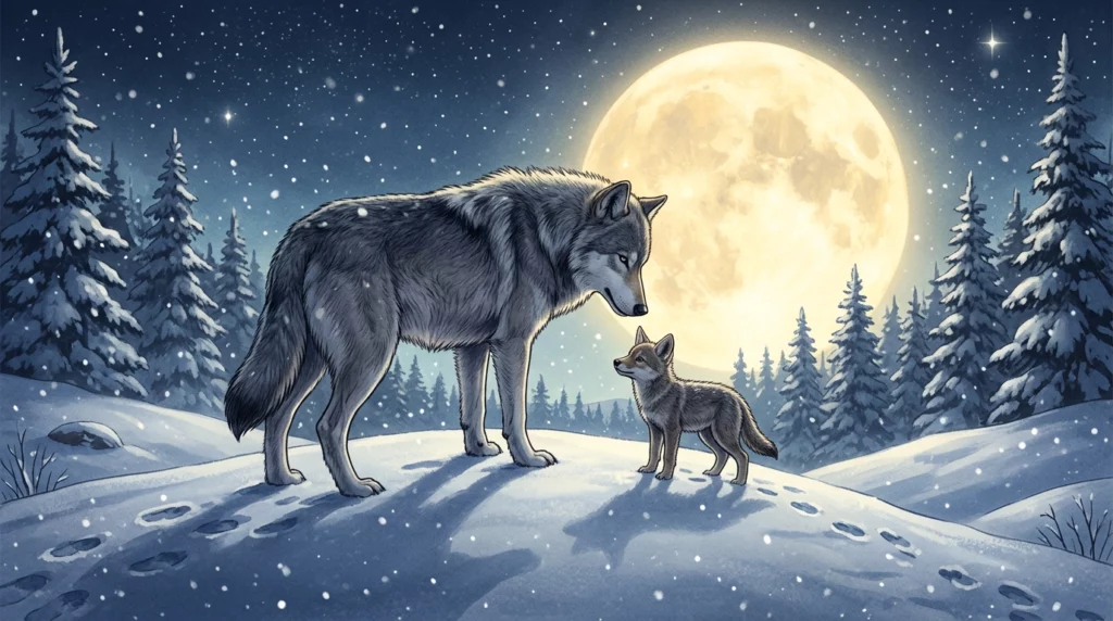 A warm storybook scene of an ancient giant wolf standing next to a tiny wild canine ancestor in a snowy, moonlit forest.