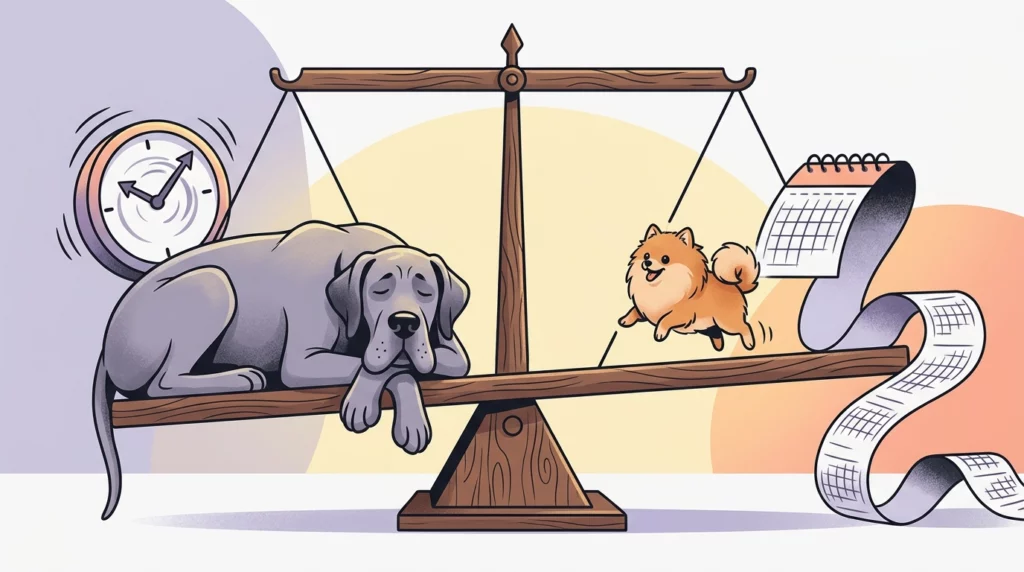 A playful illustration of a balance scale showing a giant dog with a clock and a tiny dog with a long calendar, depicting the trade-off between size and lifespan.