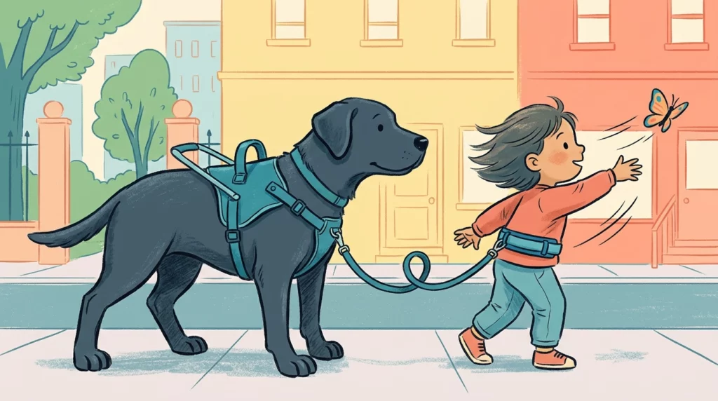 Editorial illustration showing a Black Labrador service dog standing firmly on a sidewalk to prevent a child from wandering into the street