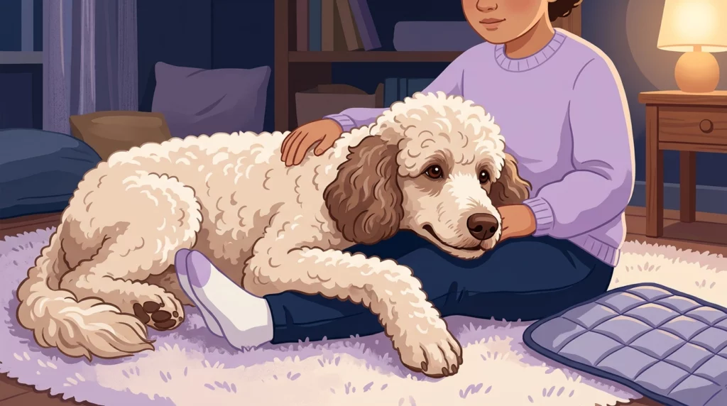 Illustration of a Standard Poodle performing deep pressure therapy by resting its head warmly across a child's lap