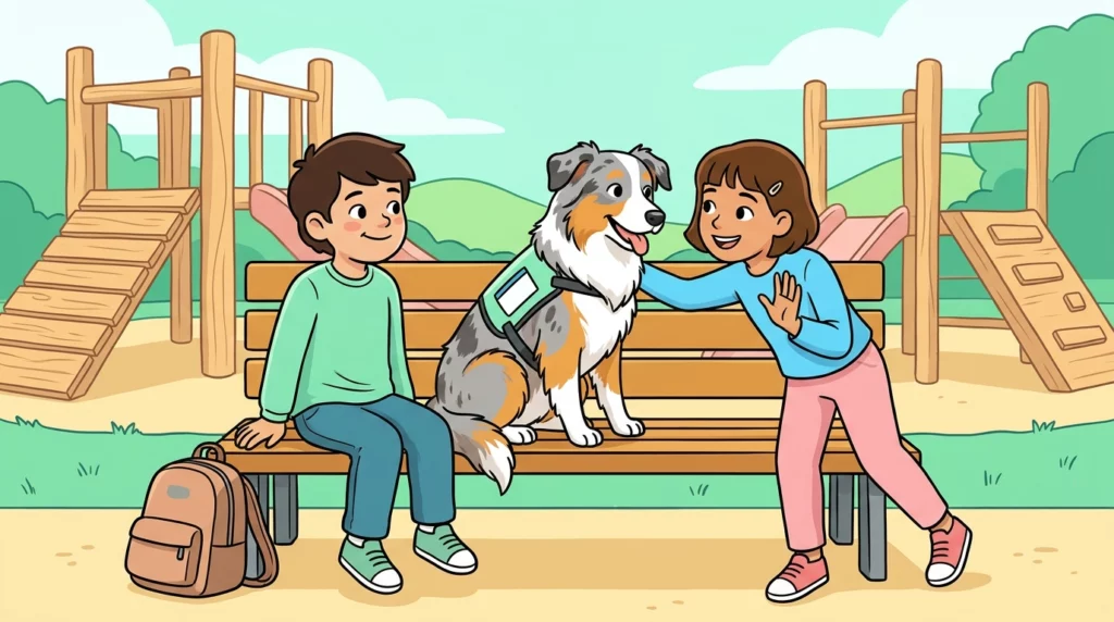Editorial illustration of an Australian Shepherd service dog helping an autistic child connect with a friend on a park bench