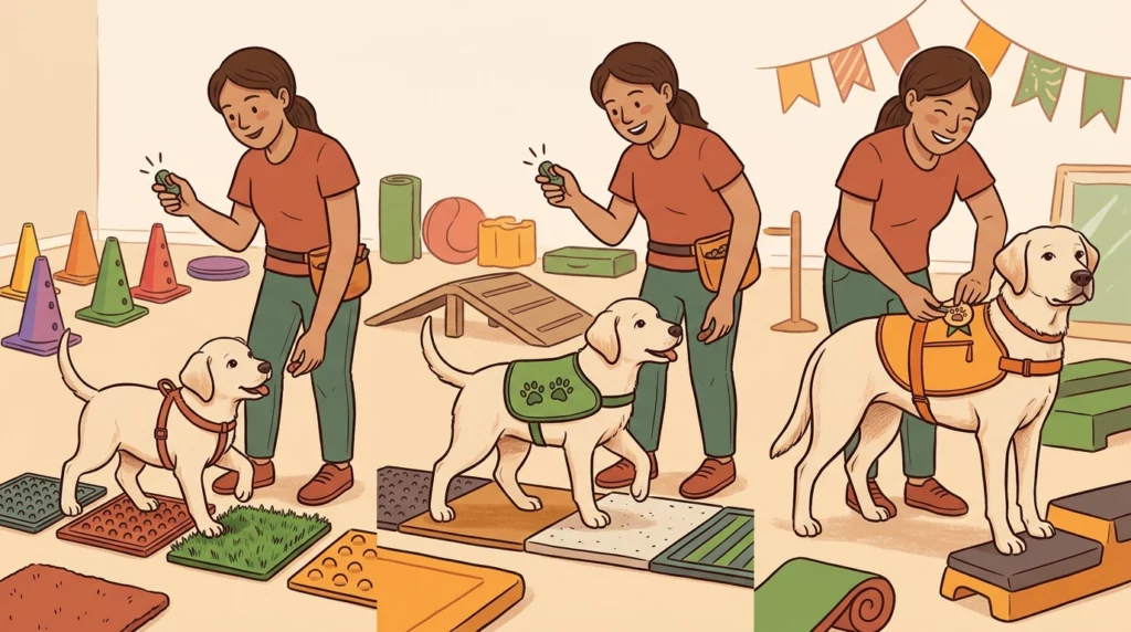 Illustrated three-step panel showing a service dog puppy progressing through sensory desensitization training to adult service work