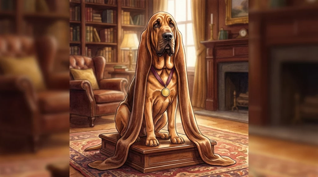A classic storybook illustration of a dignified Bloodhound sitting on a wooden stand with its incredibly long ears touching the floor.