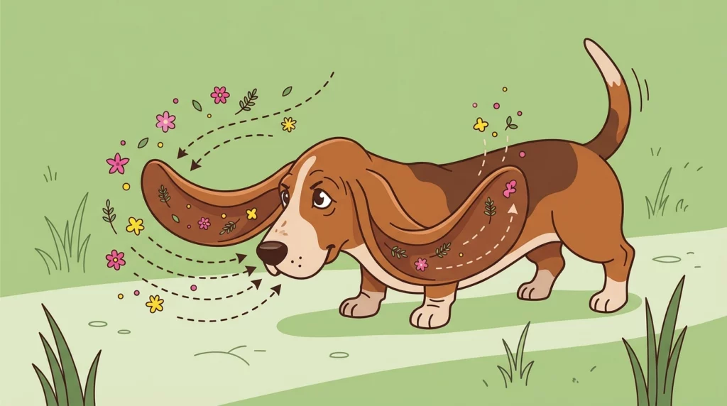 A playful diagram illustration showing how a Basset Hound's long ears sweep scents from the ground up to its nose.