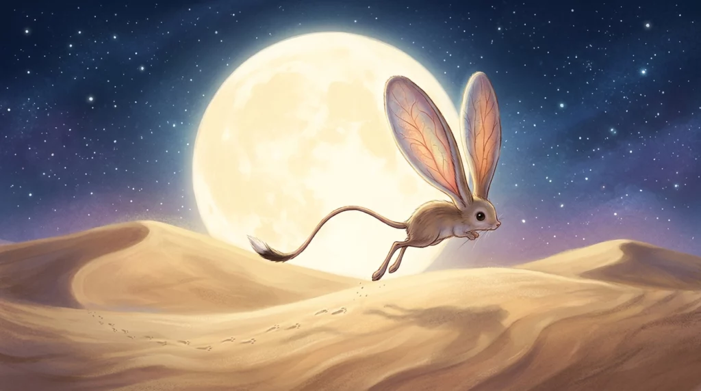 A warm storybook illustration of a tiny desert jerboa with incredibly large ears jumping across dunes under a starry night sky.