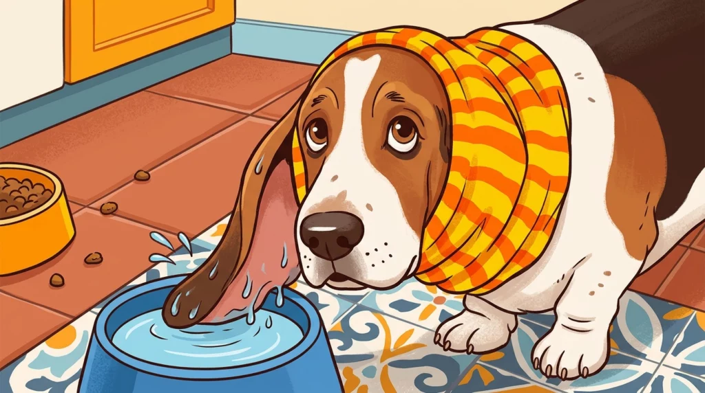 A funny illustration of a Basset Hound with one ear dipped in its water bowl and the other protected by a colorful snood.