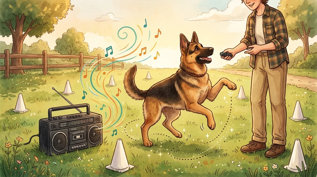 Storybook-style illustration of a German Shepherd doing a playful dance step during an obedience class next to a retro boombox.