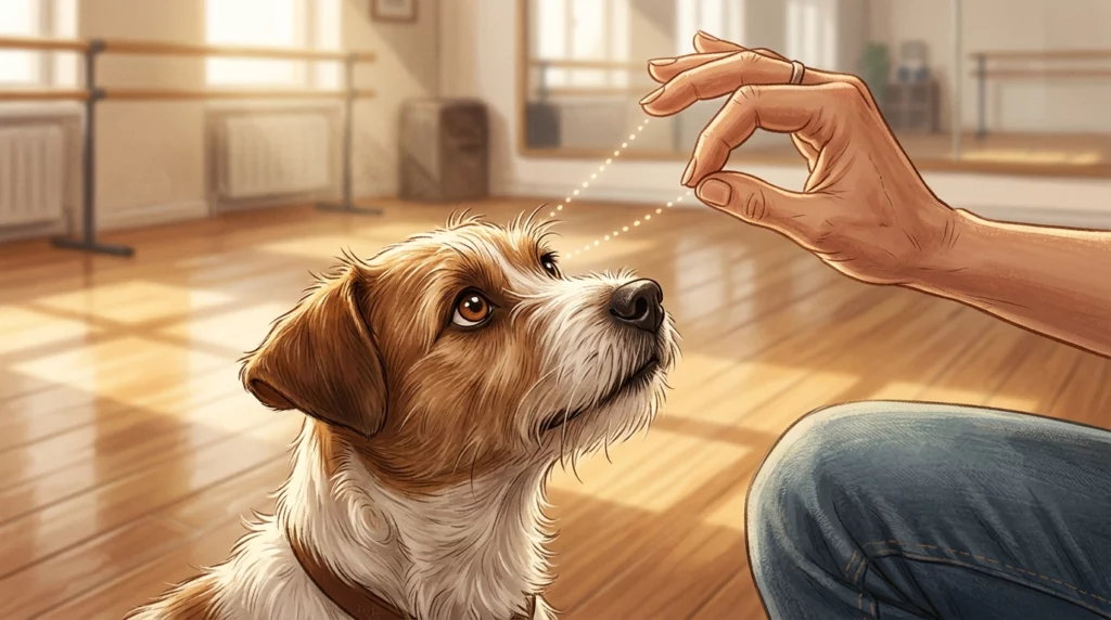 Charming storybook illustration of a small terrier intensely focusing on its owner's hand gesture in a sunlit studio.