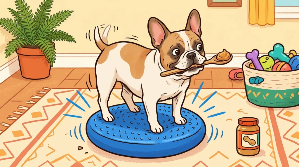 Playful illustration of a French Bulldog practicing balance on a blue disc in a cozy home setting, motivated by peanut butter.