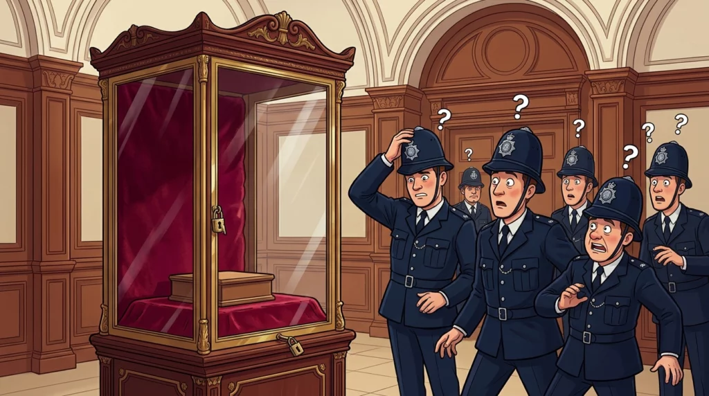Playful illustration of confused 1960s London police surrounding an empty glass display case.