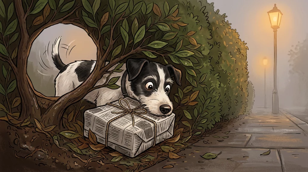 Playful illustration of Pickles sniffing a mysterious newspaper-wrapped package inside a thick bush.