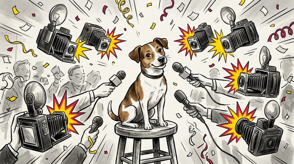 Playful illustration of Pickles being surrounded by eager 1960s press reporters and popping flash cameras.