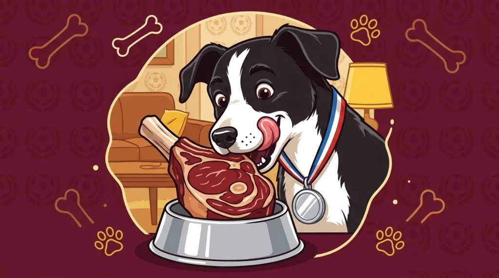 Playful illustration of Pickles wearing a silver medal while enjoying a giant steak in a bowl.