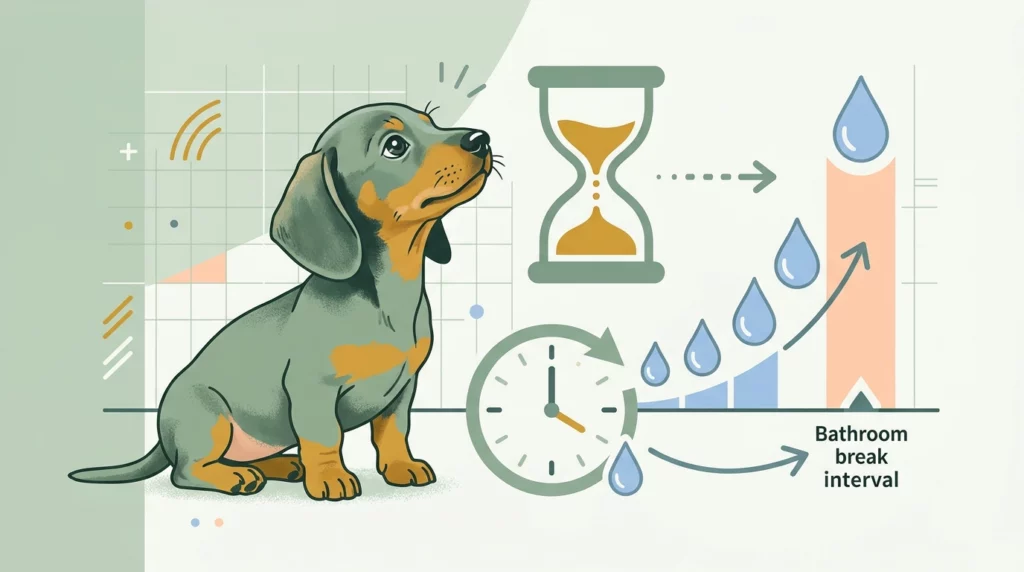 Playful graphic illustration illustrating puppy bladder capacity using visual clock and water drop icons.