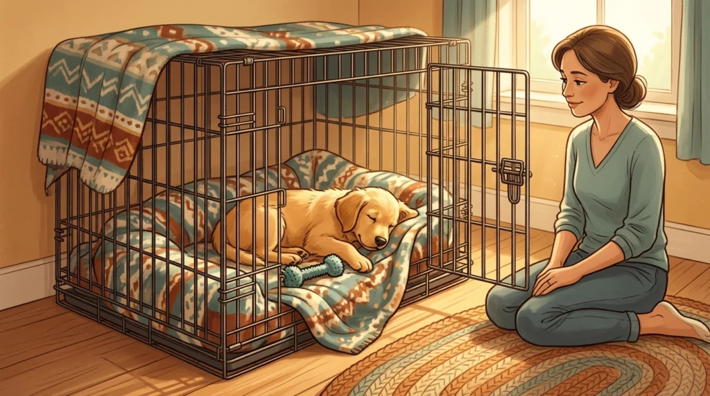 Warm storybook illustration of a cozy open dog crate with a resting puppy and an adult English Setter.