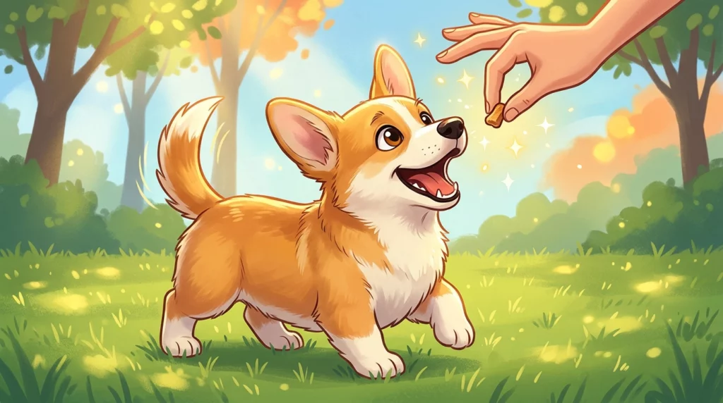 Playful editorial illustration of a puppy receiving a treat outside on the grass.