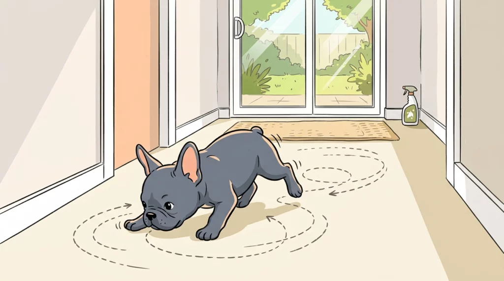 Playful illustration of a French Bulldog puppy sniffing in circles near a patio door to signal needing a potty break.