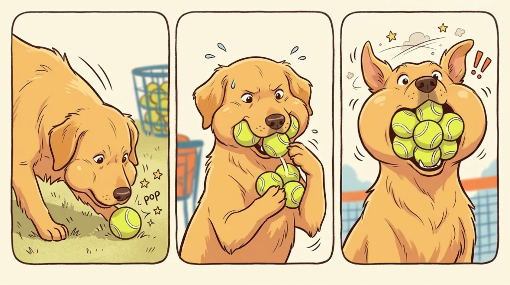 A three-step comic-style illustration showing a dog's clever technique for gathering and stacking multiple tennis balls.