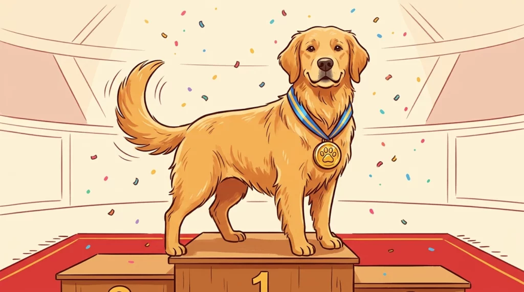 A proud Golden Retriever standing on a champion podium with a shiny blue-and-gold award ribbon.