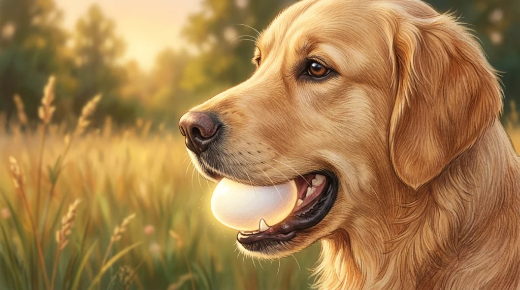 A gentle storybook-style illustration of a Golden Retriever carefully holding a whole egg in its mouth to demonstrate the 'soft mouth' instinct.