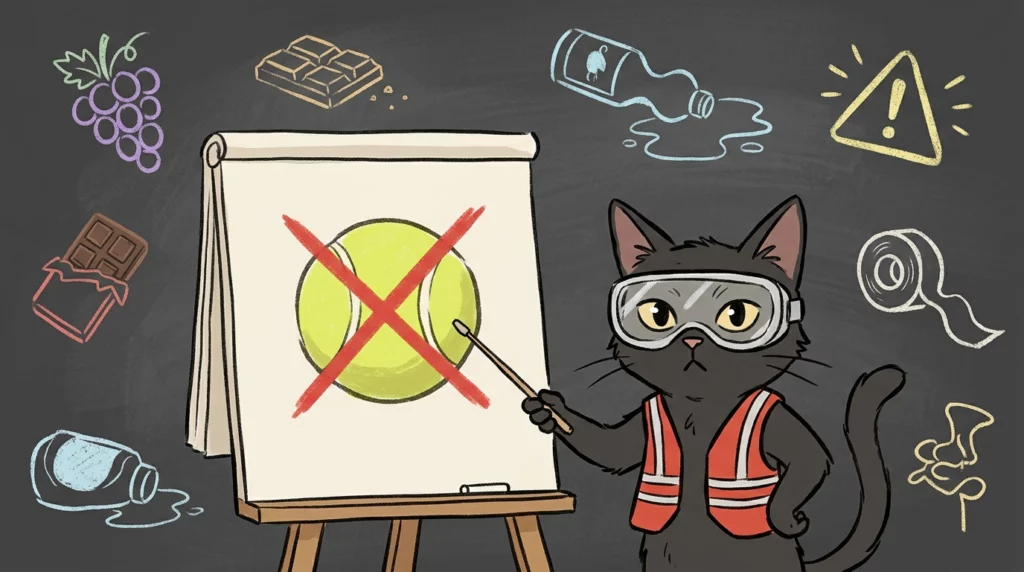 A playful illustration of Yuna the cat wearing safety goggles and warning against choking hazards with small toys.