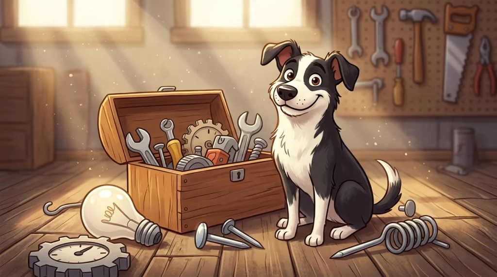 Playful illustration of Spike the black-and-white dog sitting proudly next to a vintage toolbox filled with stylized random objects.
