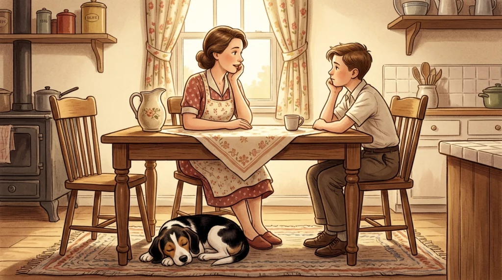 Storybook illustration of a mother and son talking at a vintage kitchen table while a dog slumbers underneath.