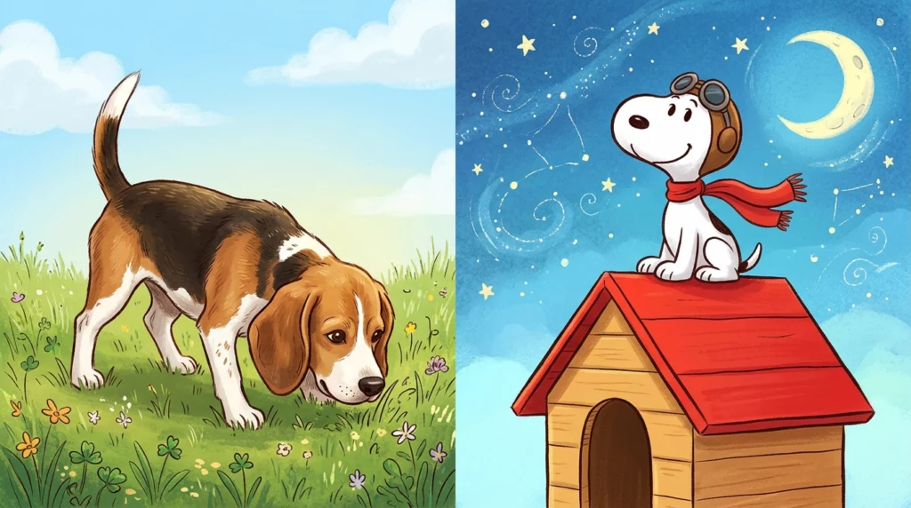 Playful comparison visual showing a real tricolor Beagle on grass on the left, and a cartoon beagle on a red doghouse on the right.