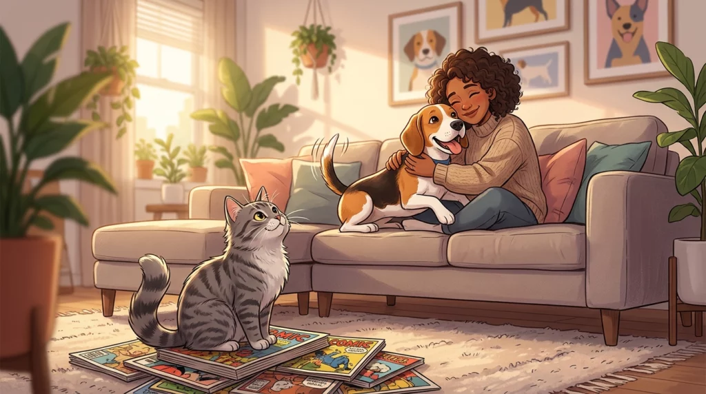 Playful illustration of a happy beagle cuddled with its owner on a living room sofa while Yuna the cat sits beside comic books on the floor.