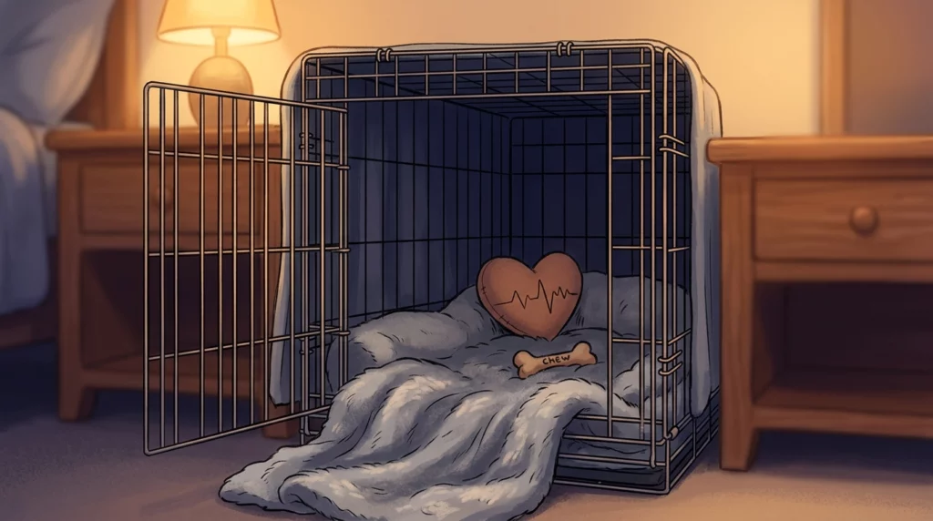 A warm storybook-style illustration of a cozy, open dog crate next to a bed, lined with soft blankets and toys.