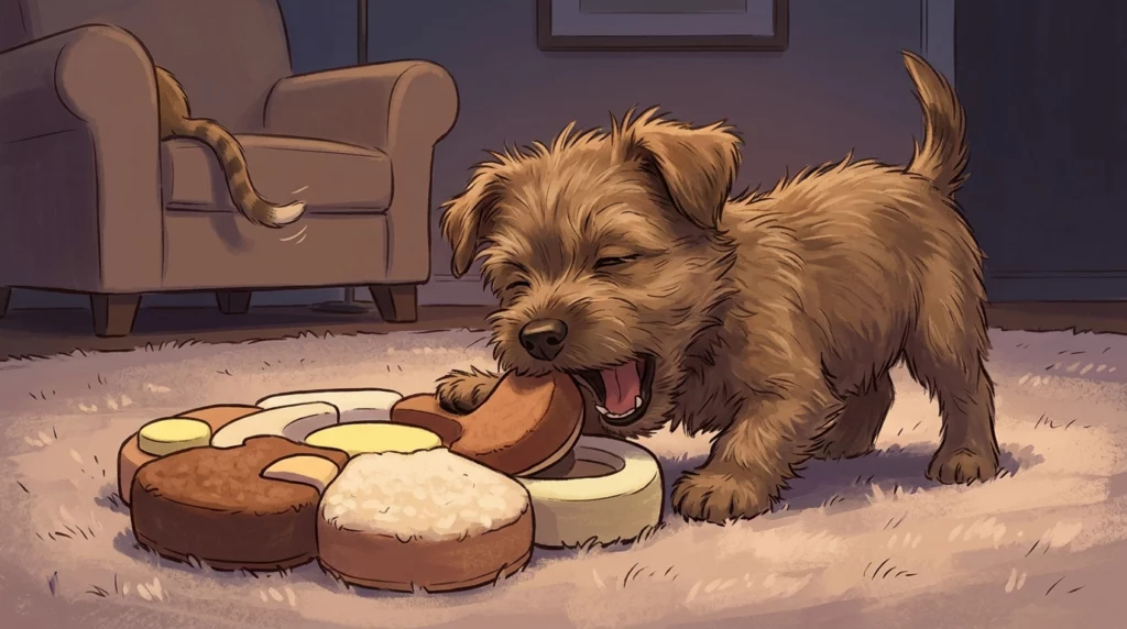 An illustration of a sleepy terrier puppy gently playing with a puzzle toy on a cozy rug.
