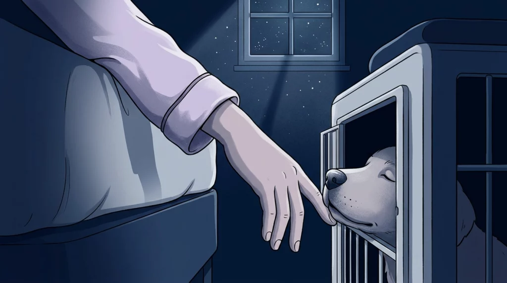 An illustration of a human hand comforting a puppy inside a crate under soft moonlight.