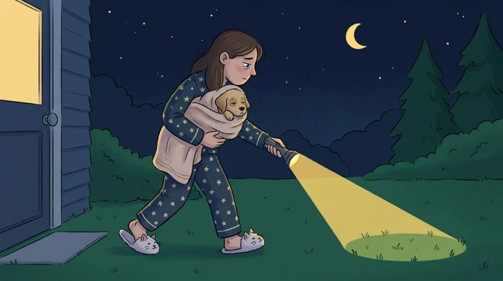 An illustration of a tired owner carrying a sleepy puppy outside with a flashlight under a starry sky.