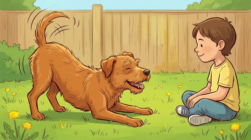 Illustration of a happy dog showing relaxed body language and a play bow near a calm child.