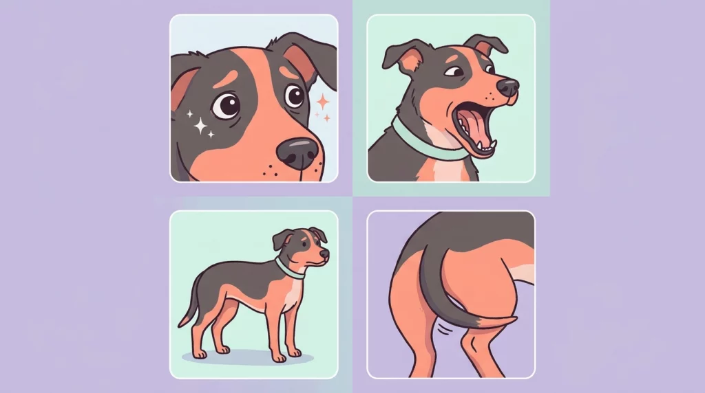 Four-panel illustration demonstrating dog stress signals including whale eye, yawning, body freeze, and tucked tail.