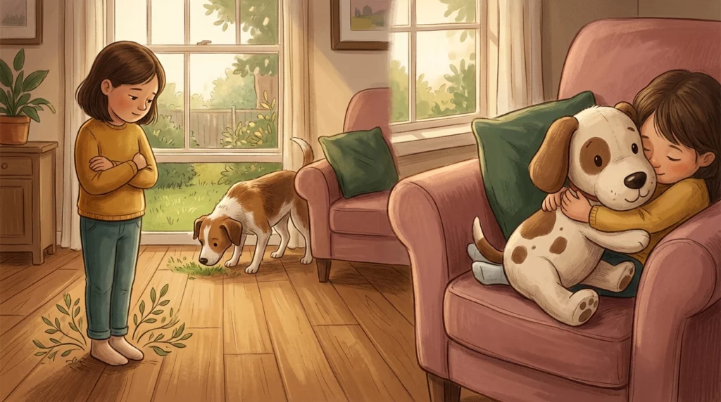 Storybook illustration showing a child standing tall like a tree next to a calm dog, and hugging a stuffed toy nearby.