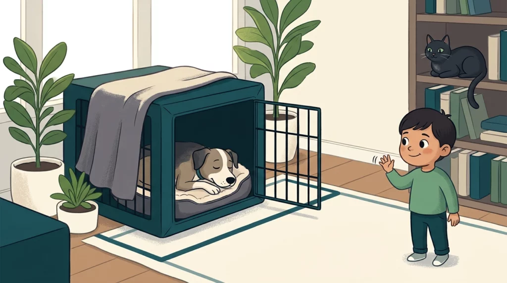 Editorial illustration of a dog resting peacefully in a safe crate area while a child stands respectfully outside the boundary.