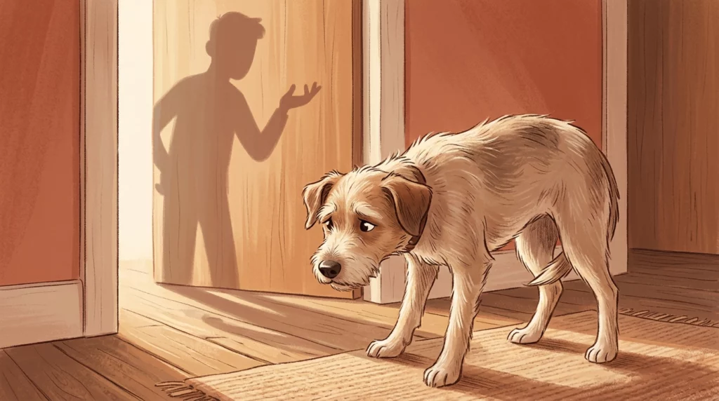 Storybook illustration of a dog lowering its head and flattening its ears in response to a human's looming shadow in a doorway.